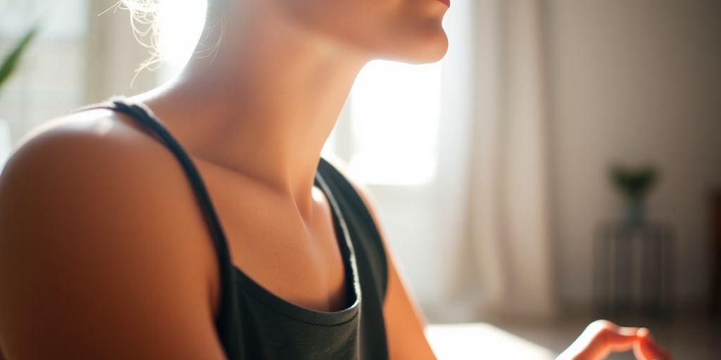 Person meditating, calm, natural light, indoors.
