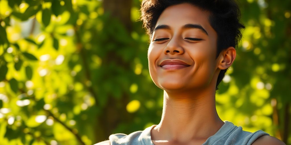 Person meditating peacefully in nature, calming stress.