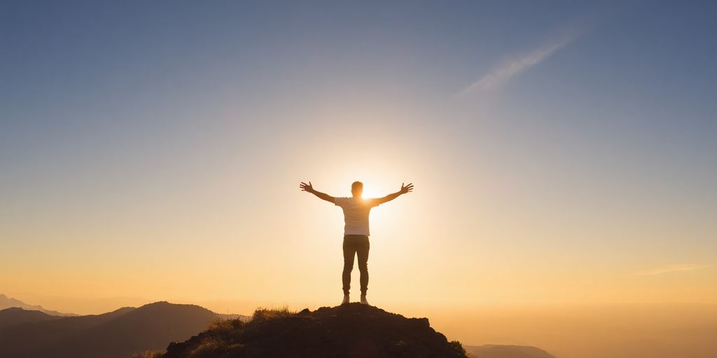 A person on a mountain peak, arms outstretched.