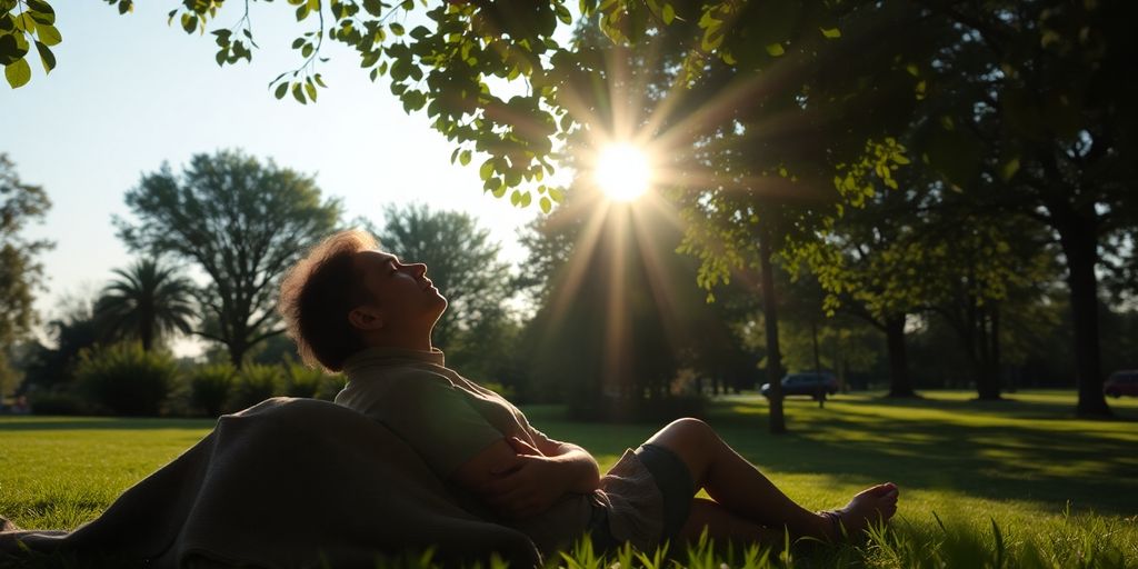 Person relaxing outdoors with serene expression.