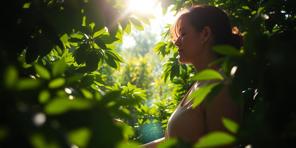 Calm person meditating outdoors with serene nature background.
