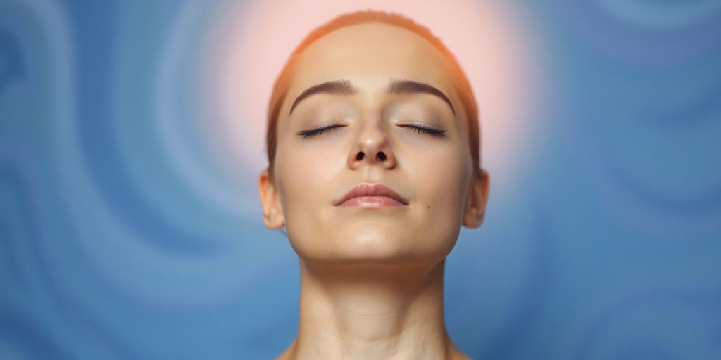 Person meditating peacefully amidst swirling calm colors.