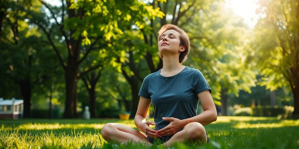 Person meditating outdoors, calm expression