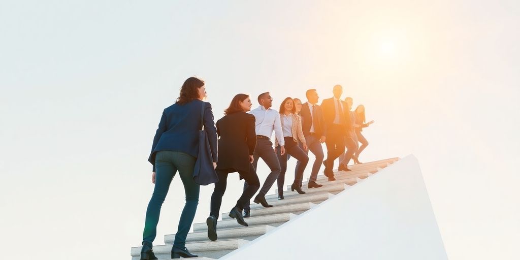 Business people ascending a staircase.