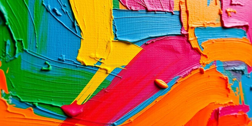 Colorful paint strokes, abstract art, textured surface.