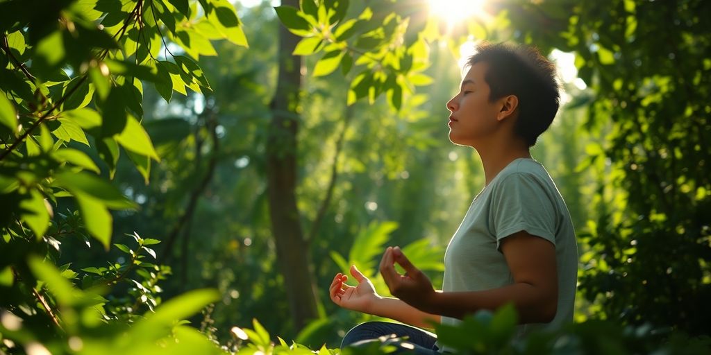 Person calmly breathing in a serene natural setting.