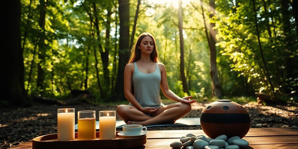 Woman meditating on yoga mat in peaceful sunlit forest clearing.