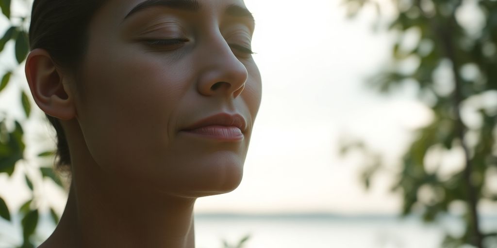 Person meditating peacefully outdoors, serene nature background.