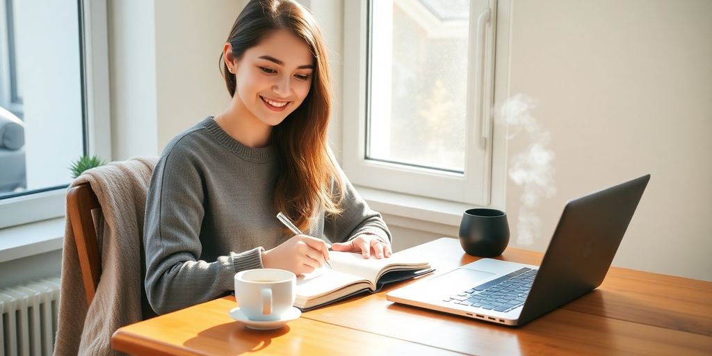 Young woman writing at desk with notebook, steaming tea, laptop.