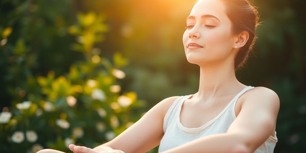 Serene person meditating in sunlit, peaceful garden.