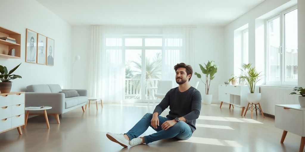 Person enjoying a clear, uncluttered minimalist living space.
