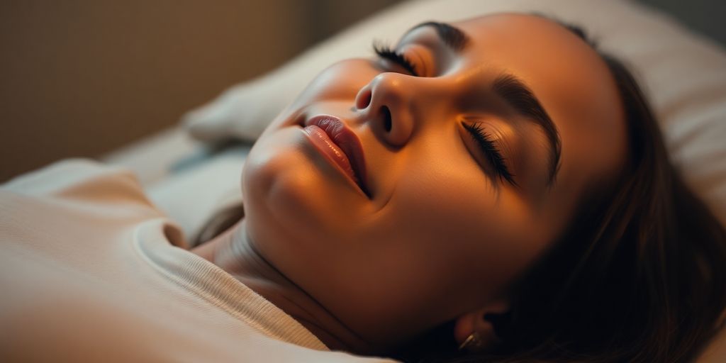 Person in serene pose, eyes closed, calm expression.