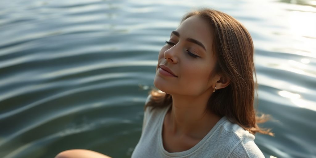 Person meditating peacefully by a calm lake.