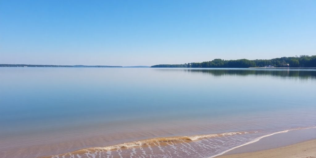 Calm lake reflecting a clear sky during sunset.