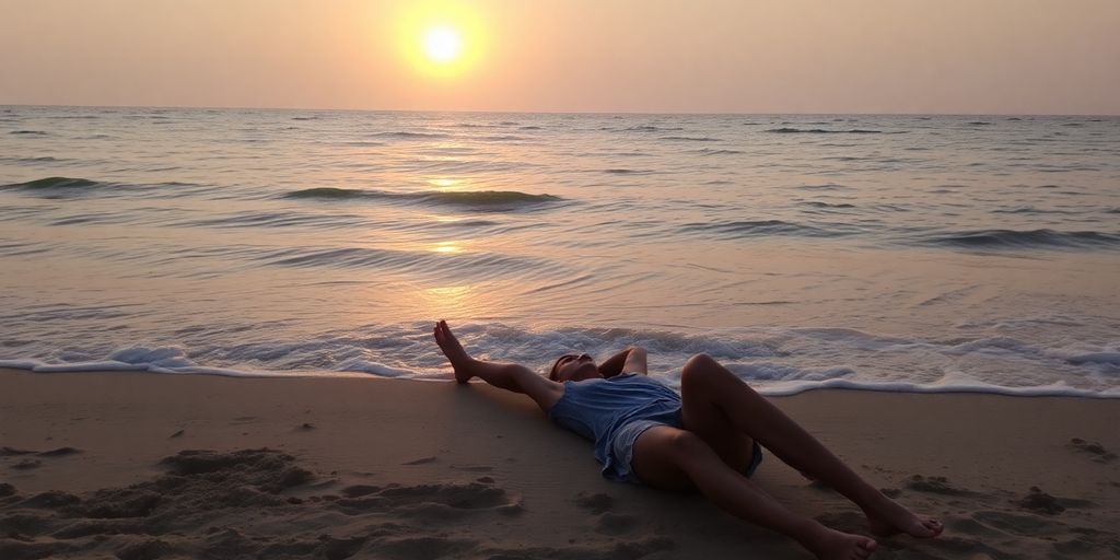 Person relaxing peacefully on a beach at sunset.
