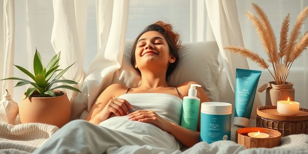 Calm person relaxing with de-stress products.