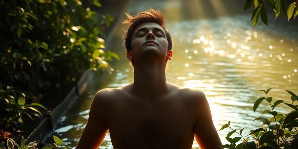 Person peacefully meditating in a serene natural setting.