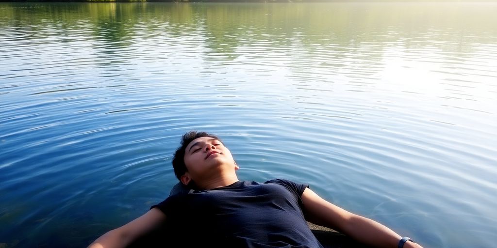 Person relaxing peacefully by a serene lake.