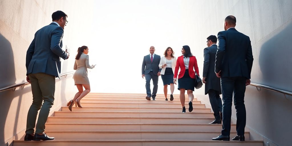 Future leaders climbing stairs towards illuminated success.