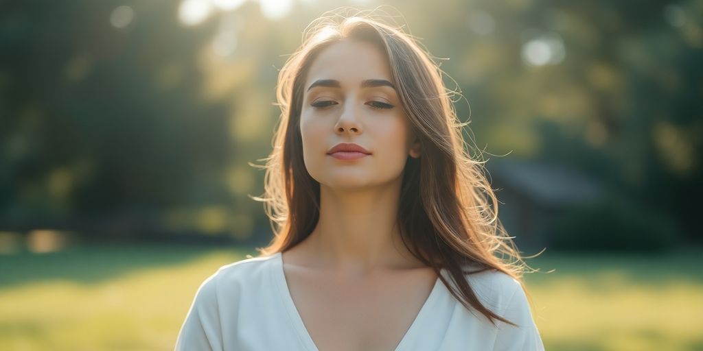 Person meditating peacefully outdoors with calm surroundings.