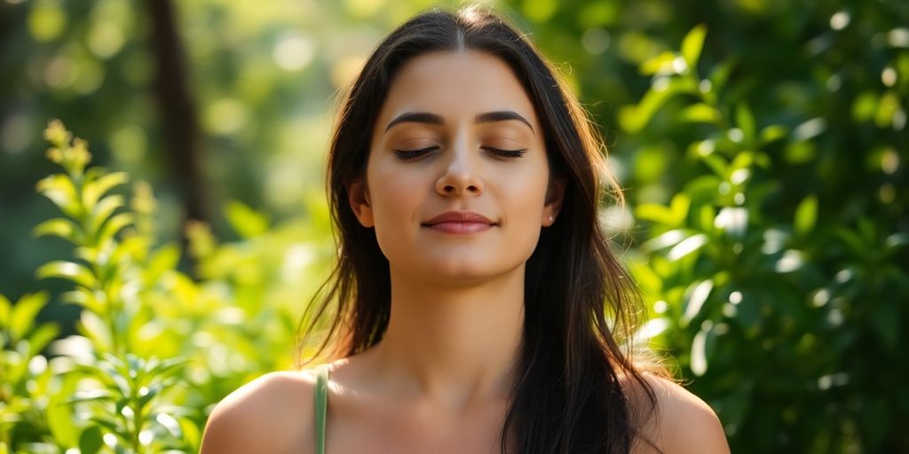 Person meditating calmly outdoors.
