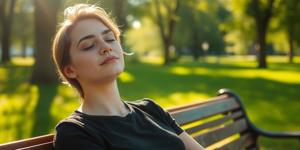 Person relaxing on a sunny park bench surrounded by nature.