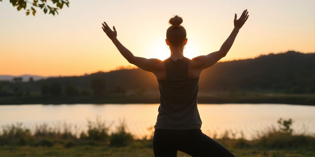 Person practicing yoga outdoors at sunset.