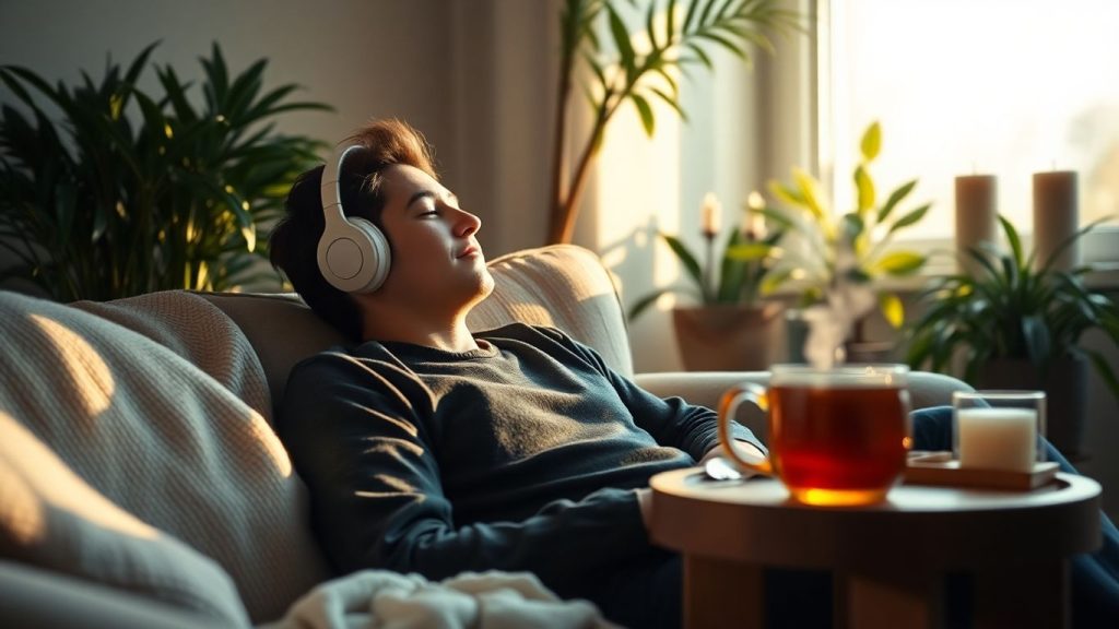 Person with closed eyes wearing headphones on sofa, plants, candles.