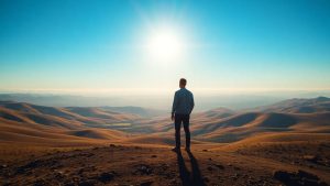 Figure looking towards a bright, distant horizon.