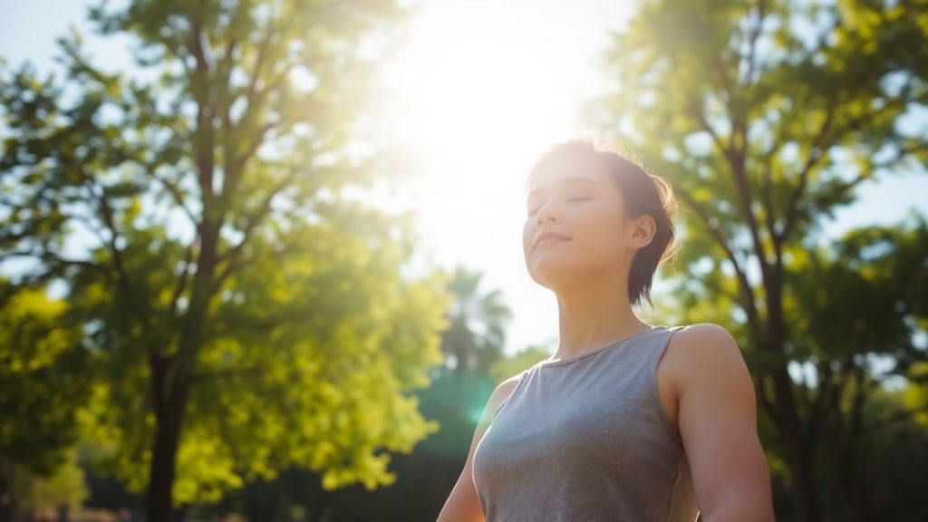 Person meditating peacefully outdoors in sunlight.