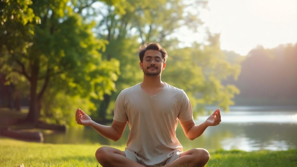 Person meditating peacefully in nature, overcoming stress.