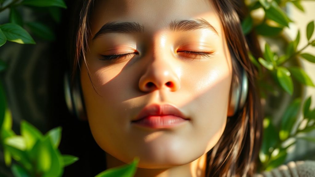 Person relaxing to calming music, feeling peaceful.