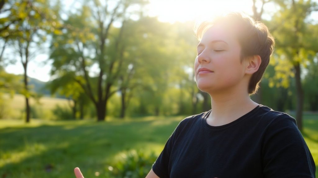 Person meditating peacefully in a sunlit natural setting.