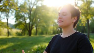 Person meditating peacefully in a sunlit natural setting.