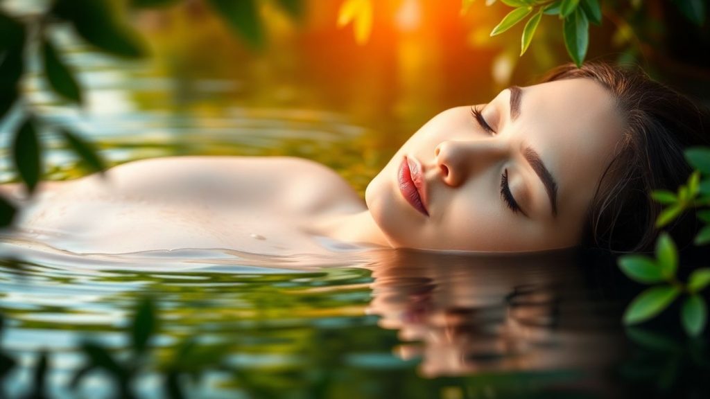 Person relaxing peacefully by calm water.