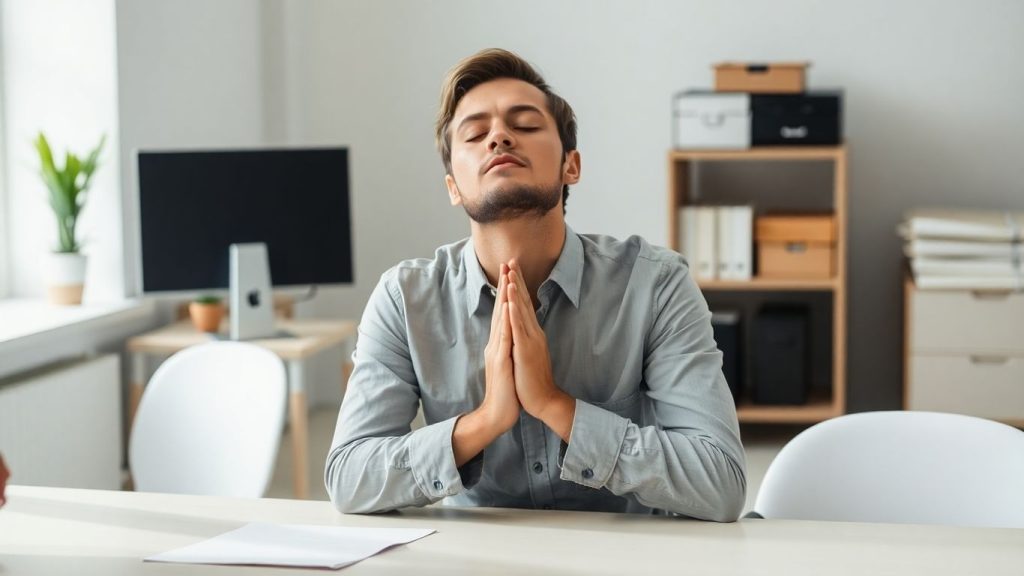Person practicing stress relief at a desk.