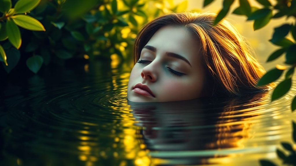 Person meditating peacefully by calm water.