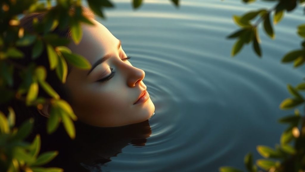 Person meditating by tranquil water