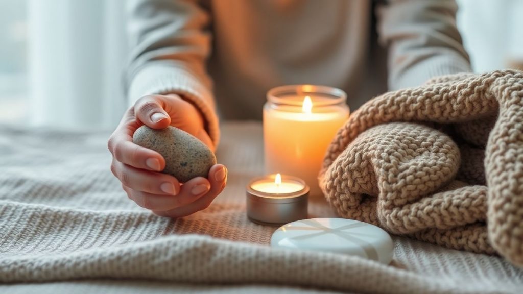 Person relaxing with stress relief items.