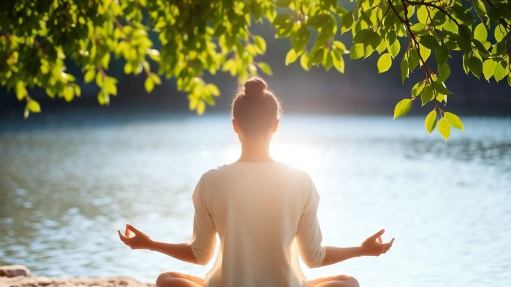 Person meditating peacefully in a serene natural setting.