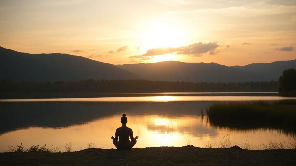 Person meditating by a tranquil lake at sunset.