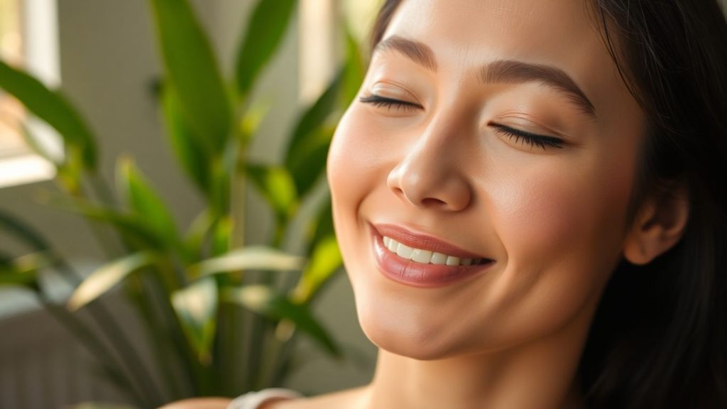 Person relaxing with closed eyes and a peaceful expression.