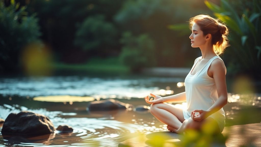 Person meditating peacefully outdoors near water and plants.