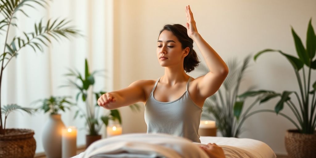 Person relaxing with natural elements and gentle poses.